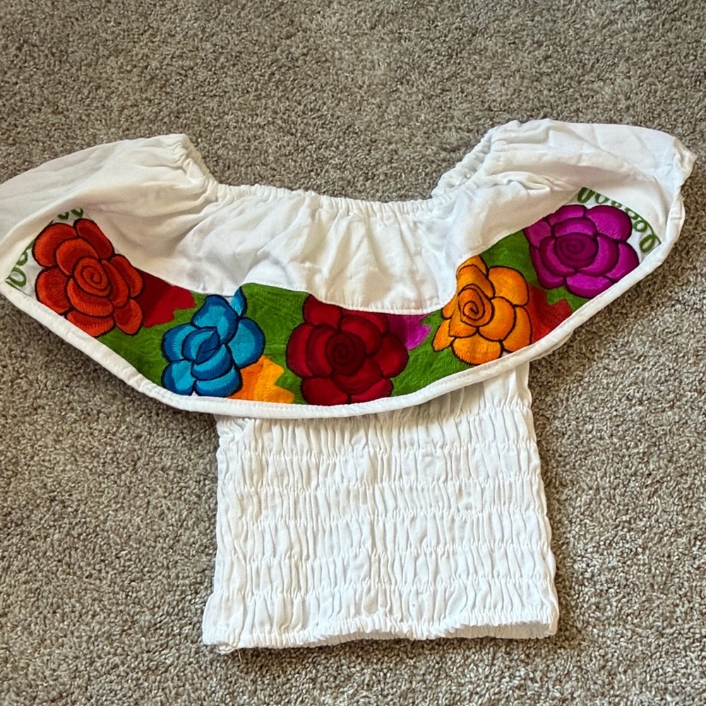 Mexican White Off-Shoulder Top with Multicolor Floral Embroidery